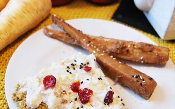 Biscuit avoine-citron, crème chantilly coco, et panais rôti