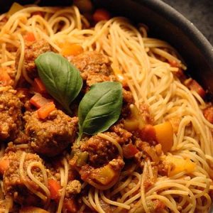 Spaghetti primavera et boulettes végé