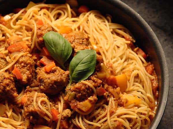 Spaghetti primavera et boulettes végé